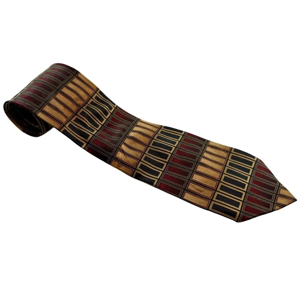 Giorgio Brutini Silk Tie & Pocket Square Set Mens Gold Burgundy Geometric Formal